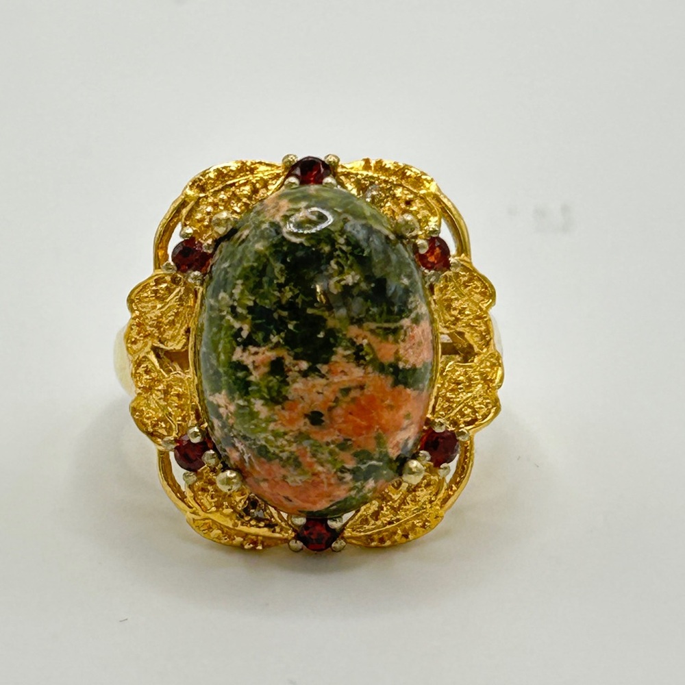 Unakite and Garnet Ring; Size 8.75; GbD